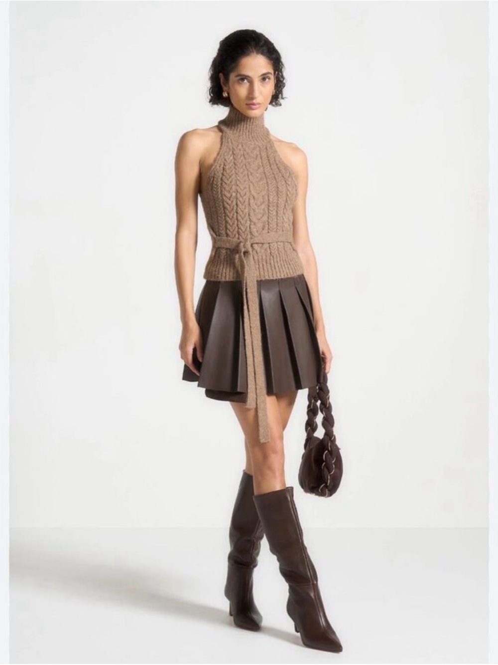 Maniere De Voir Gray Cable Knit High Neck Sleeveless Sweater